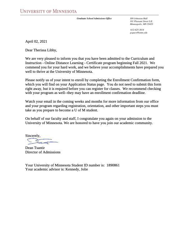 CI ODL Libby Acceptance letter